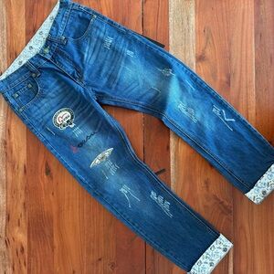 Evisu Blue Relaxed Fit Jeans with Distressed Accents